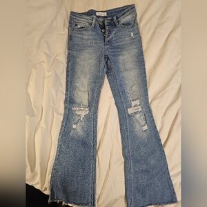 KanCan button fly, flare distressed jean. Size 7/27
